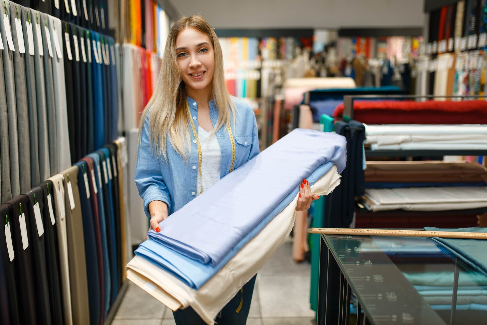 Woman holds fabric in textile store